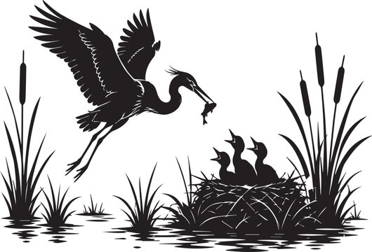 Majestic Heron Silhouette Landing at Marsh Nest to Feed Hungry Chicks with Fish, Detailed Wildlife Vector Illustration for Nature Lovers, Wetlands Scene with Reeds and Cattails.