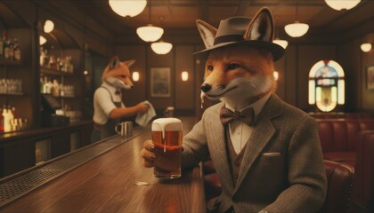 Fototapeta premium Fashionable fox enjoys a cold beer in a retro bar setting with whimsical charm