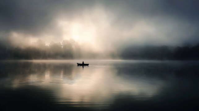 trimaran. A small boat silhouette on a misty lake at dawn with soft light and calm water. travel magazines, destination branding, designed for travel destination branding, inspires travel planning.