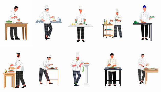 Collection of professional chefs in white uniforms preparing and plating gourmet salmon dishes in a modern kitchen setting.