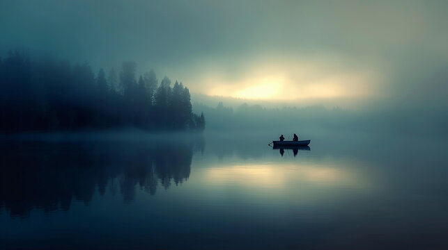 trimaran. A small boat silhouette on a misty lake at dawn with soft light and calm water. travel magazines, destination branding, designed for travel destination branding, inspires travel planning.