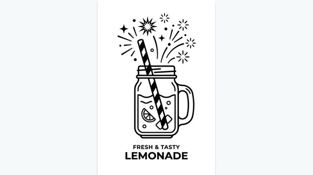 Black and white line art illustration of fresh lemonade drink.
