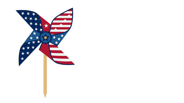 American flag themed paper pinwheel toy on wooden stick.