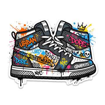 Urban street art sneaker illustration with graffiti design and vibrant paint splatters