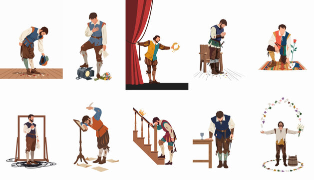 Set of illustrations depicting a male theater actor in various dramatic poses and historical costumes from the Renaissance or Elizabethan era.