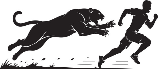 Action-Packed Vector Silhouette Illustration of a Ferocious Black Panther Chasing a Man in a High-Speed Pursuit, Predator vs Human Survival Concept, Minimalist Black and White Graphic Art. © Sadek