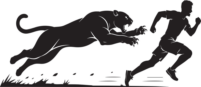 Action-Packed Vector Silhouette Illustration of a Ferocious Black Panther Chasing a Man in a High-Speed Pursuit, Predator vs Human Survival Concept, Minimalist Black and White Graphic Art.