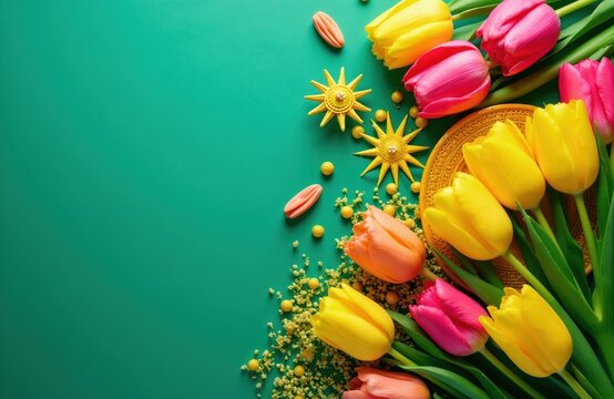 Colorful spring tulips arranged with traditional ornaments on a green background. Festive floral display celebrates renewal and nature beauty with bright blossoms.