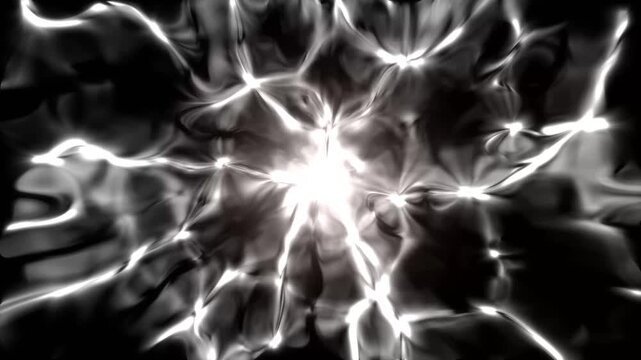 A glowing blue energy sphere with white energy shockwave explosions a bright center surrounded by an ethereal aura, resembling jets or streams of energy on black screen. 4k
