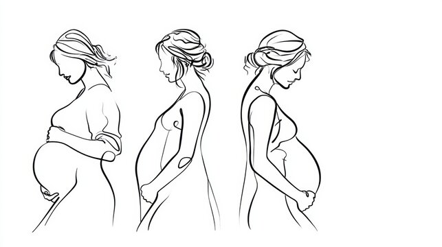 Three line drawings represent the stages of pregnancy from first trimester to third trimester in a simple and elegant style on a white background.