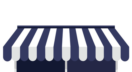 Fototapeta premium Navy blue and white striped awning hangs over a window or entrance suggesting a classic shop front cafe or boutique exterior in flat vector art.