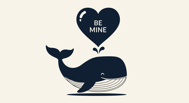 Minimalist whale silhouette features a heart shaped water spout with the words be mine for a romantic design.