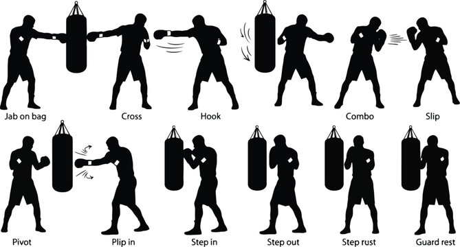 Silhouette of various boxing punches and movements with punching bag