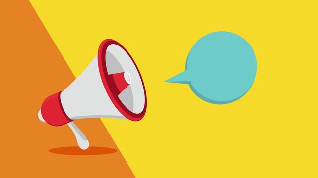 A motion graphic animation of a megaphone, or bullhorn, with speech bubble against a split yellow and orange background for announcements and attention-grabbing content.