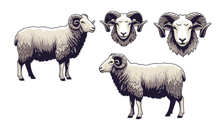 Fototapeta premium Collection of four ram illustrations includes side profiles and front views of male sheep with large curved horns in a graphic style.