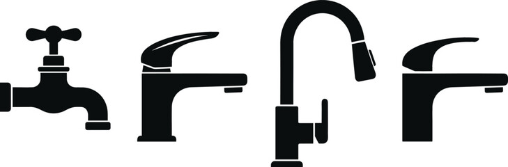 Obraz premium Modern Faucet Icon Collection Featuring Kitchen Sink Water Tap and Plumbing Fixture Silhouette Designs