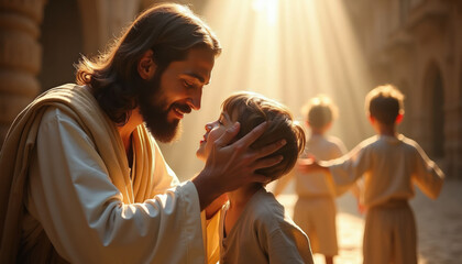 Fototapeta premium Jesus smiles gently touching boy head. Sunlight streams on child and other kids in ancient town. Divine scene shows compassion and religious faith.