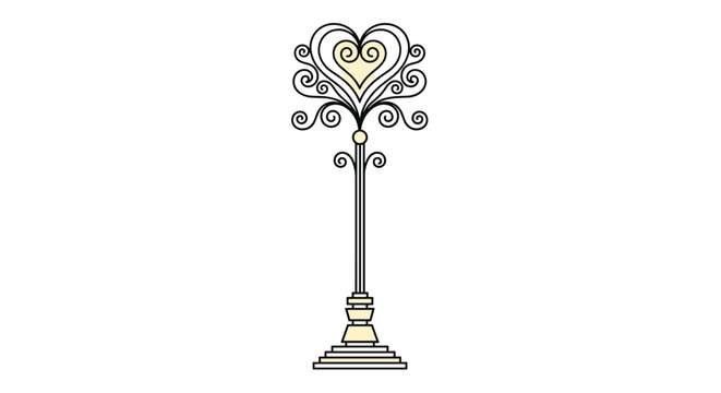 Elegant metal stand or lamp post featuring heart shapes and intricate scrolls is presented in a black line drawing with cream accents.