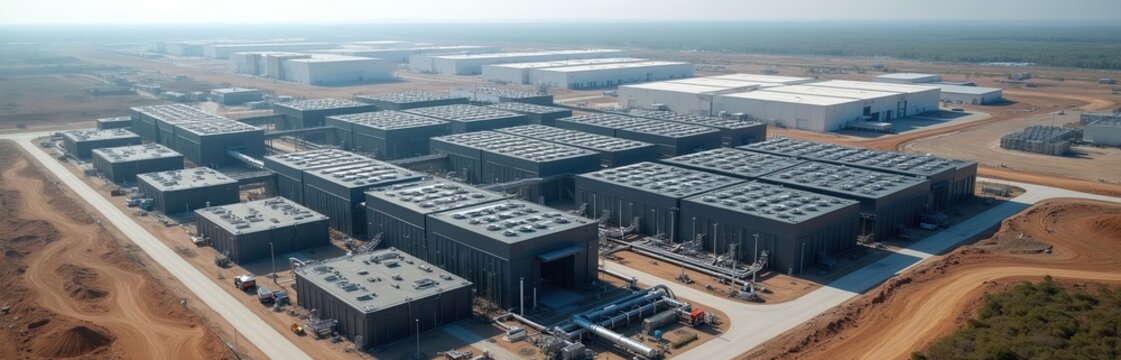 Vast data center campus aerial view. Modern server buildings with advanced cooling systems and expansion sites. Power infrastructure supports computing network operations.