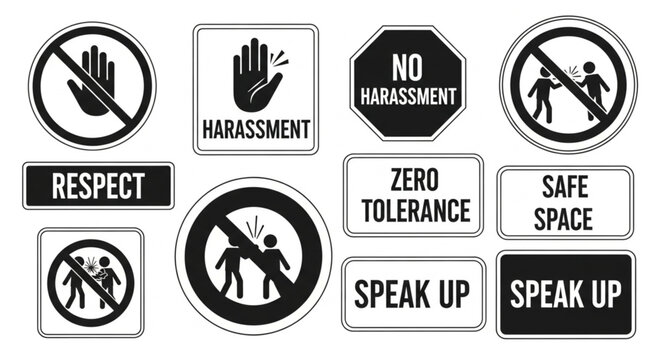Collection of signs and symbols related to anti-harassment and respect.