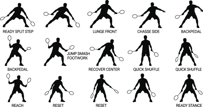 Badminton footwork techniques silhouette collection for sports training and instructional guides