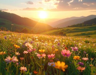 Obraz premium A vibrant wildflower meadow glows under a brilliant sunset in a serene mountainous landscape.