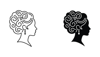 Profile portrait of a woman with curly hair and elegant jewelry vector graphic set for beauty and fashion branding in outline and solid black styles © Daniel