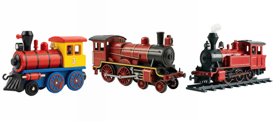 Vintage Toy Steam Trains Set – Colorful Locomotive Trio with Classic Detailing, Collectible Model Engines for Kids and Adults, Ideal Railway Display or Playroom Décor   © Marcus