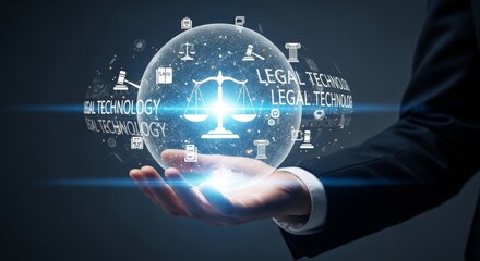 Fototapeta premium Businessman holding glowing legal technology concept with scale and icons