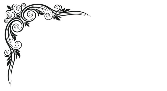 Intricate black floral corner design features scrolls and leaves in a classic vintage style on a plain white background.