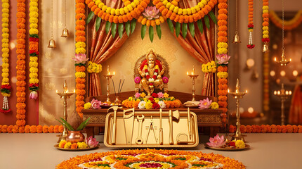 Fototapeta premium Ornate Ganesha idol adorned with vibrant marigold garlands and traditional puja items.