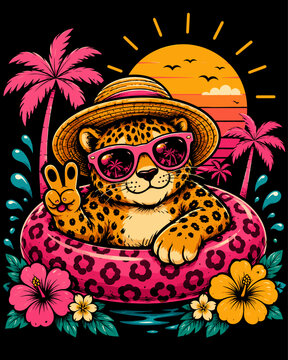 Stylish leopard summer vector featuring tropical sunset scenery, pink pool float, sunglasses, and vacation vibes. Perfect for beach apparel, trendy summer t-shirts, tropical stickers, and fun print on