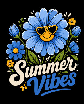 Playful summer vibes vector featuring a smiling blue flower with sunglasses, cute botanical details, and cheerful typography. Ideal for kawaii summer shirts, trendy stickers, beach tote bags, and fun 