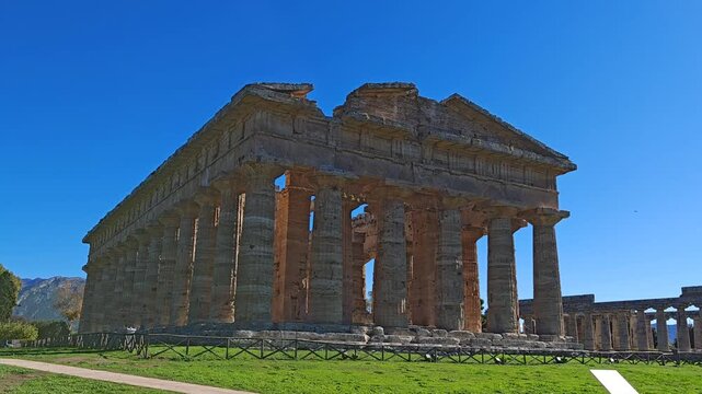 The ancient Greek temple of Hera in Paestum, Italy. Famous archaeological site of Paestum, Magna Graecia, ancient ruins.
