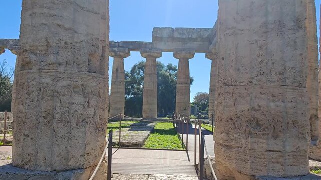 The ancient Greek temple of Hera in Paestum, Italy. Famous archaeological site of Paestum, Magna Graecia, ancient ruins.