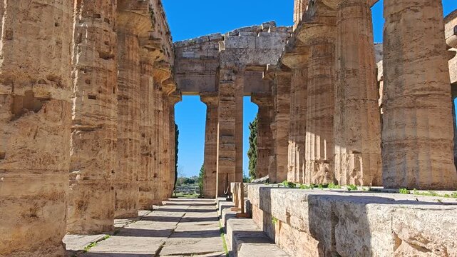 The ancient Greek temple of Hera in Paestum, Italy. Famous archaeological site of Paestum, Magna Graecia, ancient ruins.
