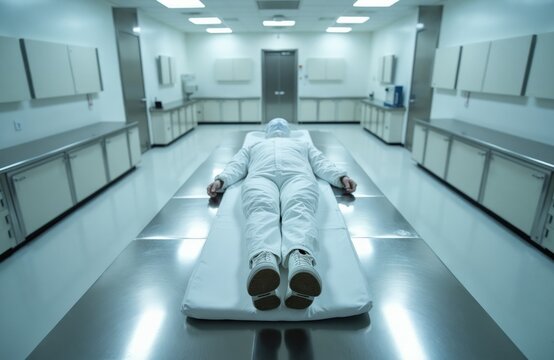 Forensic autopsy room with body covered in protective suit on metal table. Lab sterile environment with bright lights, medical equipment. Pro scientific investigation scene for crime analysis.