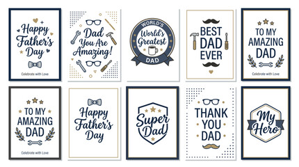 Obraz premium Minimalist Father’s Day quote card vector set featuring stylish handwritten typography and modern decorative icons perfect for social media, greeting cards, branding, and print projects.