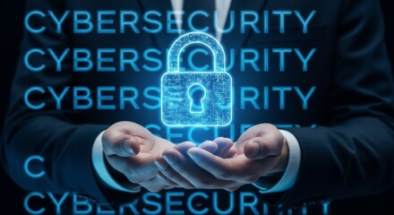 Obraz premium Biznesmen trzymający świecącą kłódkę z koncepcją cyberbezpieczeństwa
