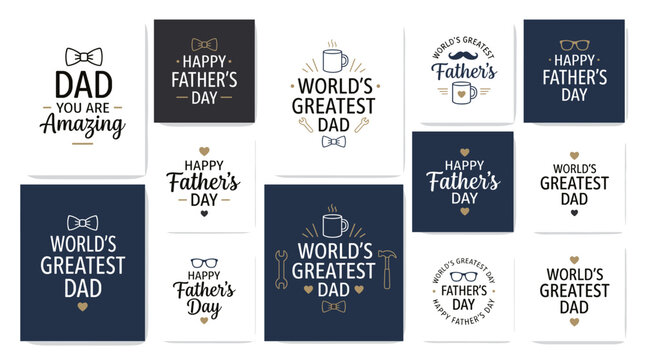 Minimalist Father&rsquo;s Day quote card vector set featuring stylish handwritten typography and modern decorative icons perfect for social media, greeting cards, branding, and print projects.