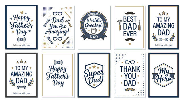 Minimalist Father&rsquo;s Day quote card vector set featuring stylish handwritten typography and modern decorative icons perfect for social media, greeting cards, branding, and print projects.