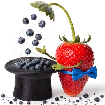 Strawberry magician conjuring blueberries from a hat with afternoon tea vanilla cream fruit topping berry compote