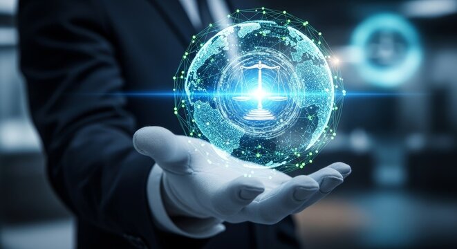 business professional holding glowing digital network sphere in futuristic office