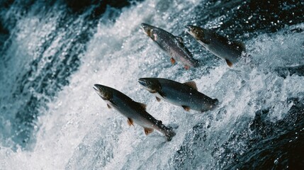 Obraz premium Group of salmon leaping animated movie a rocky waterfall in motion, freshwater environment, natural scene, dynamic fish movement, breathtaking rushing water