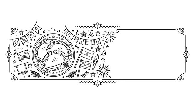 Hand drawn doodle frame with empanadas and Argentine symbols for May Revolution celebration.