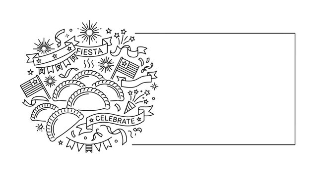 Hand drawn doodle illustration of empanadas with festive party elements and celebration banner.