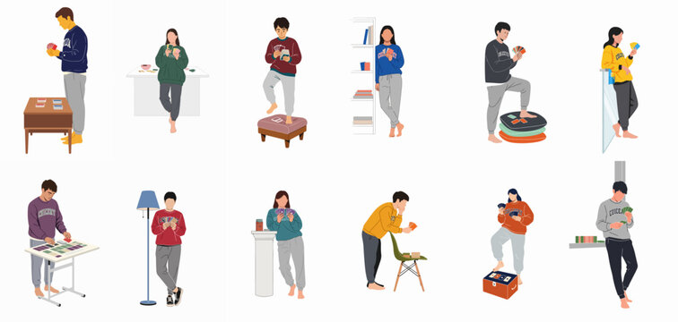 Set of flat vector illustrations of diverse young adults in casual loungewear playing and collecting trading cards in various indoor settings.