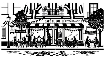 Fototapeta premium Black and white illustration of people dining at Cafe El Sol restaurant.