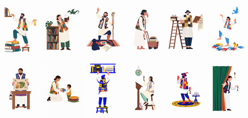 Naklejka premium Collection of various characters in traditional vests engaged in storytelling, reading magical books, exploring ancient myths, and discovering fantasy worlds through literature.