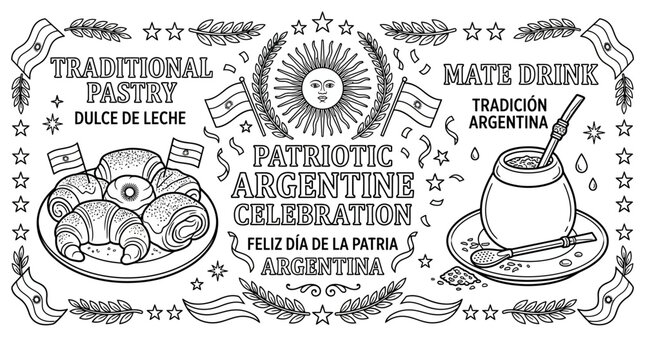 Patriotic Argentine Celebration Illustration with Traditional Food and Mate Drink.